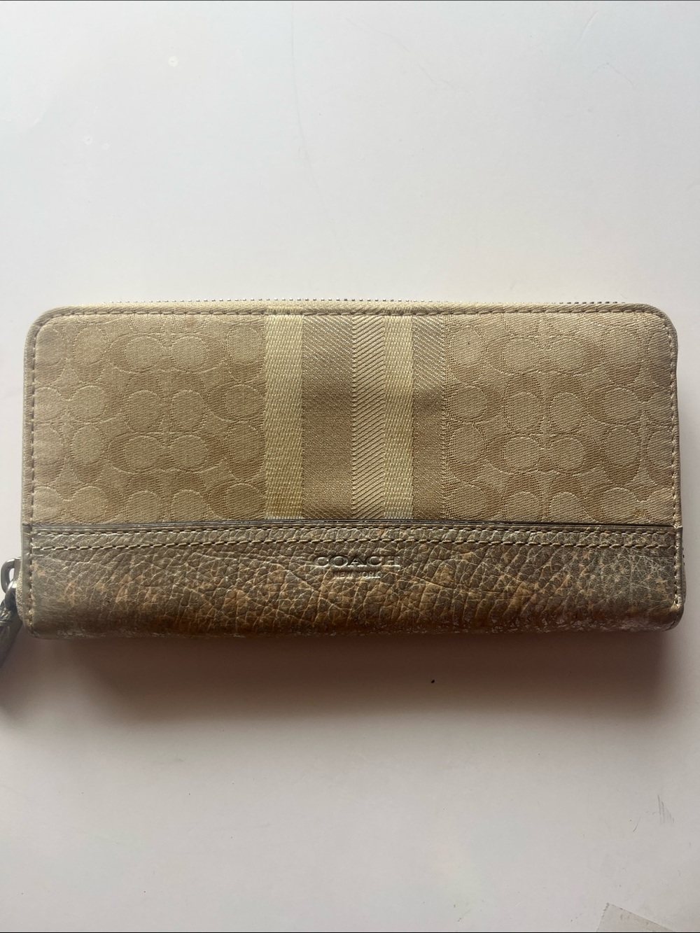 Coach Beige and Metallic Gold Zip Wallet